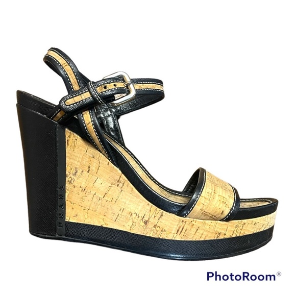 Prada Sport Cork And Black Leather Trim Slingback Wedge Strapy Sandal Size 38.5 - Picture 1 of 2
